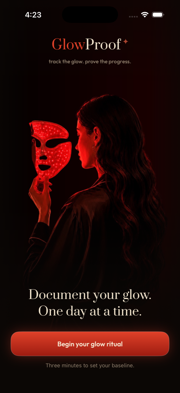 GlowProof welcome screen — a woman holding a glowing red LED mask
